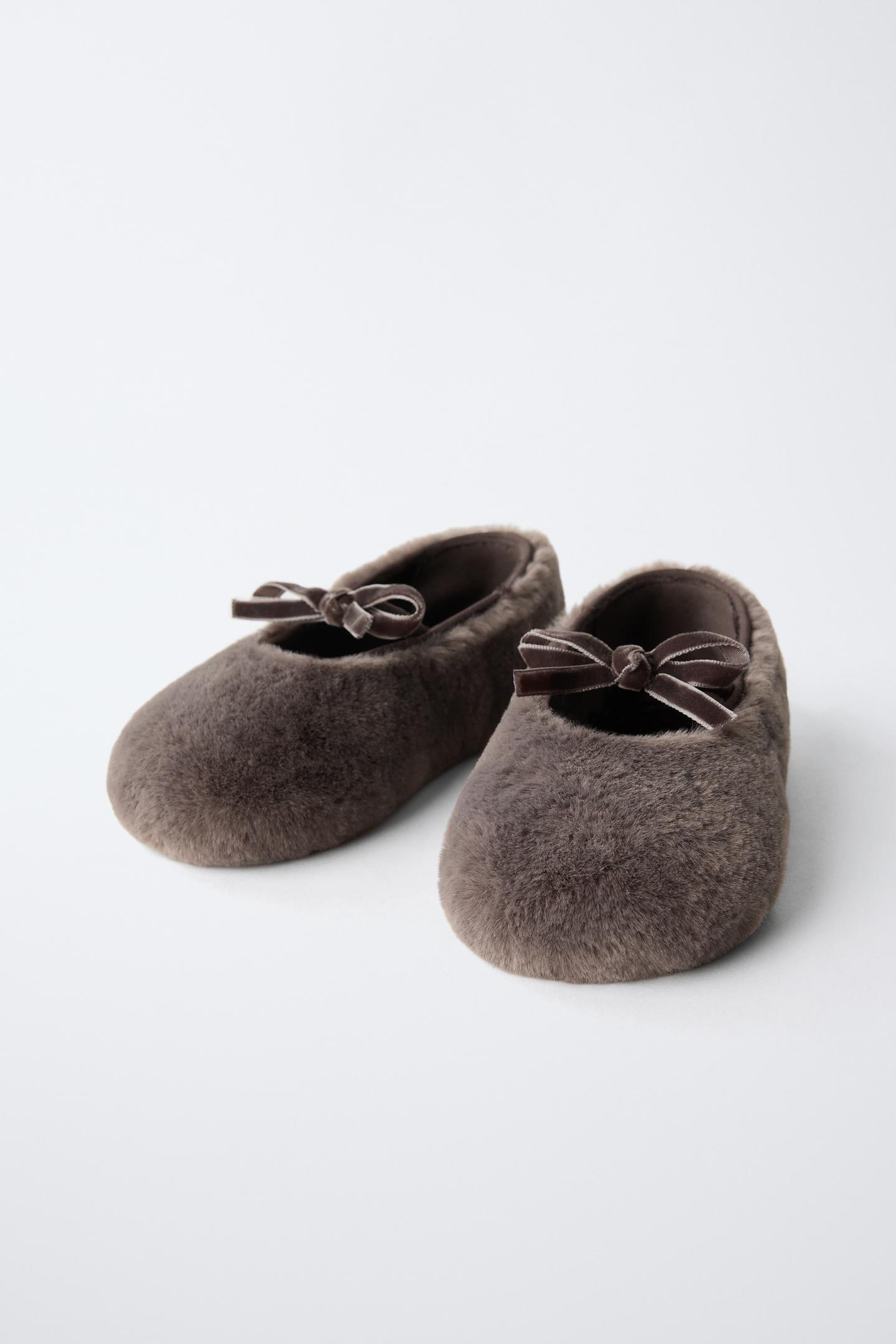 Детские балетки Zara Faux Fur Bow Ballet Flats, цвет: Серо-коричневый серый — фото 3