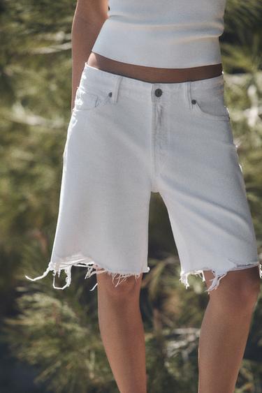 TRF RIPPED MID-RISE DENIM BERMUDA SHORTS - White by Zara