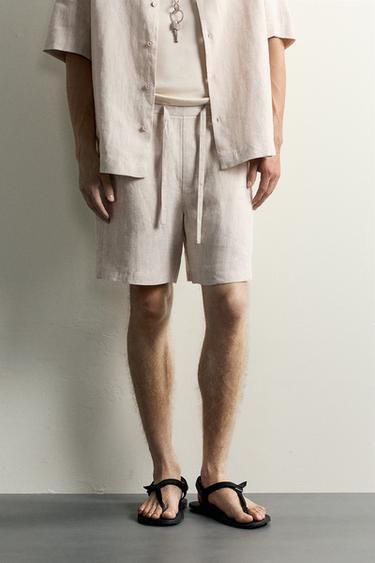 100% LINEN RELAXED FIT BERMUDA SHORTS - Light beige by Zara
