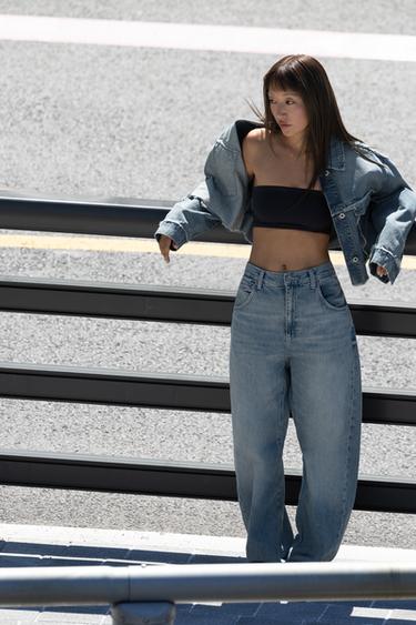 QUẦN JEANS TRF ỐNG RỘNG ĐƯỜNG MAY LỆCH CẠP VỪA - Xanh dương từ Zara