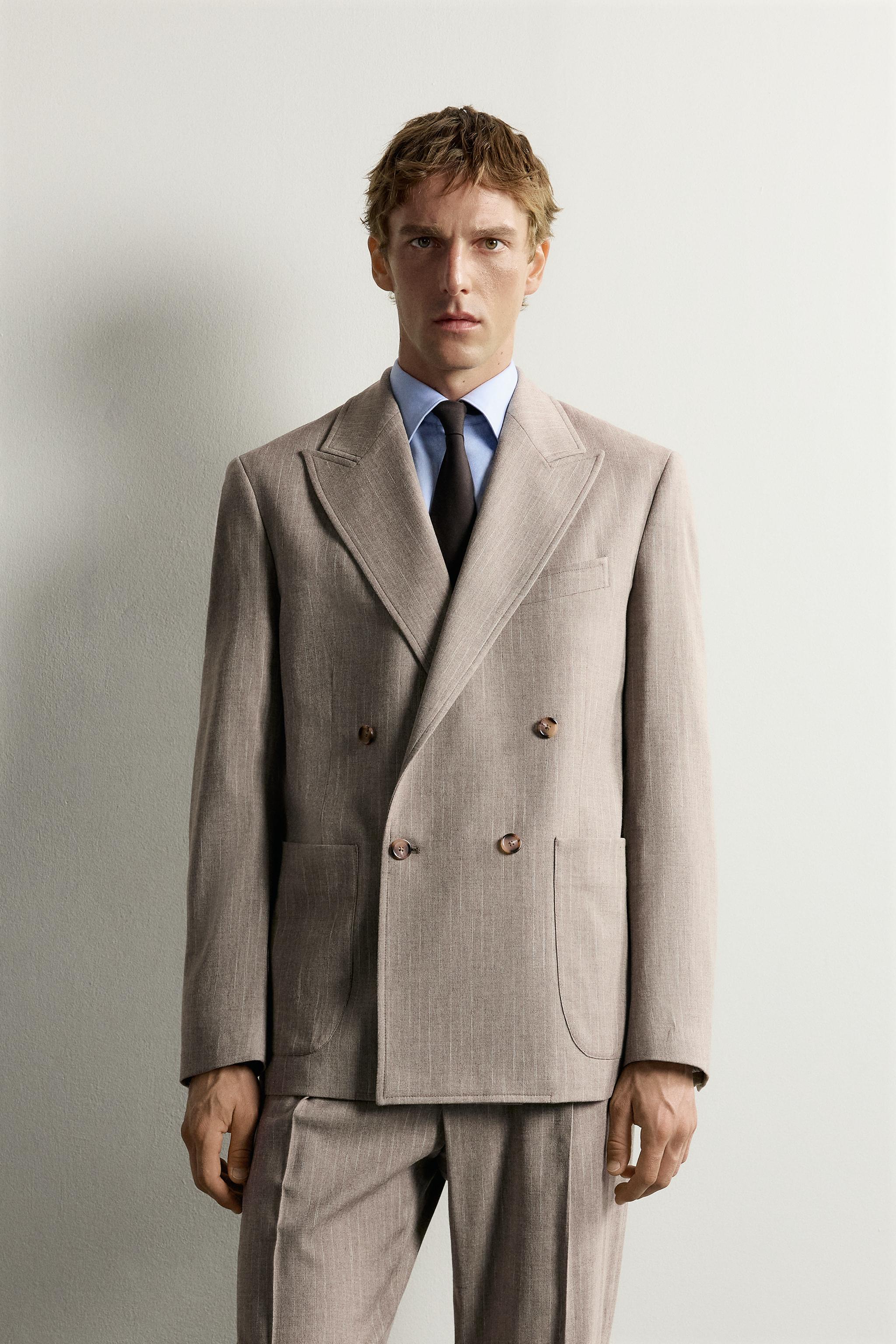 REGULAR FIT DOUBLE-BREASTED PINSTRIPE BLAZER — taupe brown