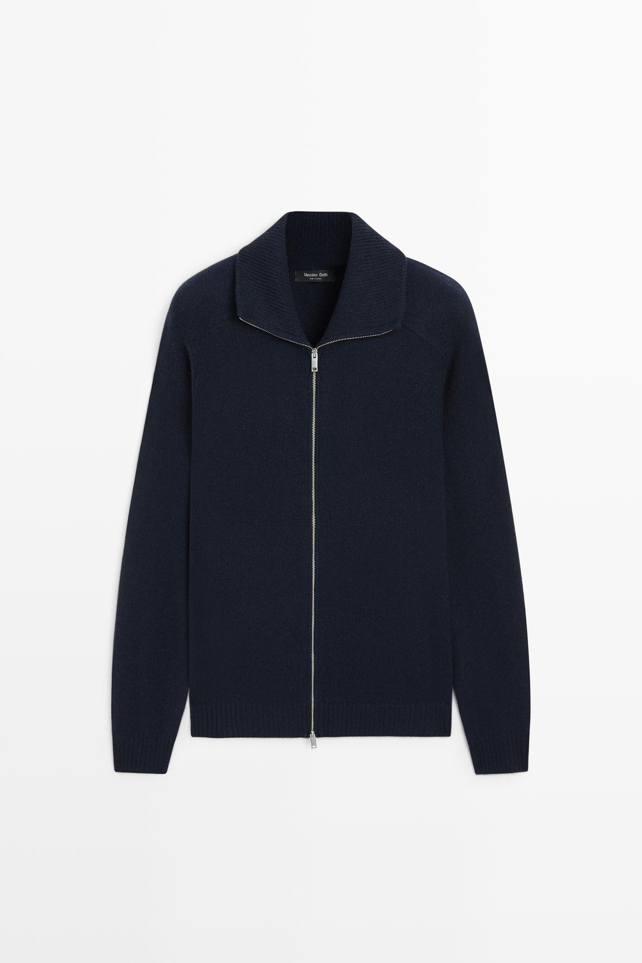 Wool blend zip-up knit cardigan — Navy blue