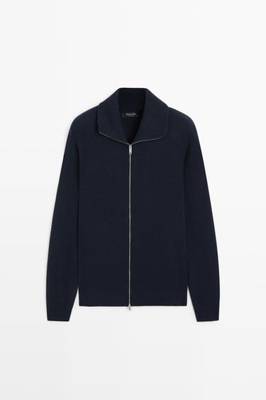 Wool blend zip-up knit cardigan — Navy blue 1