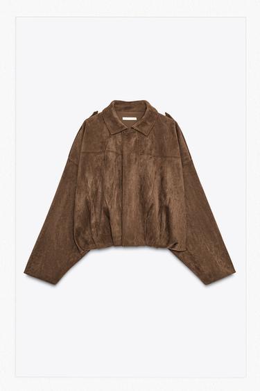 Zara FAUX SUEDE BOMBER JACKET - Chocolate