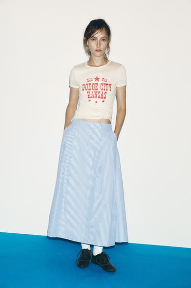 RIBBED T-SHIRT WITH SLOGAN - Dark beige by Zara