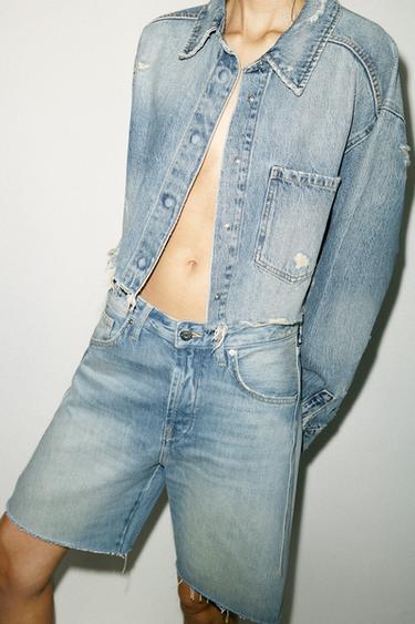 TRF MID-WAIST BELT LOOP DENIM BERMUDA SHORTS - Light blue by Zara