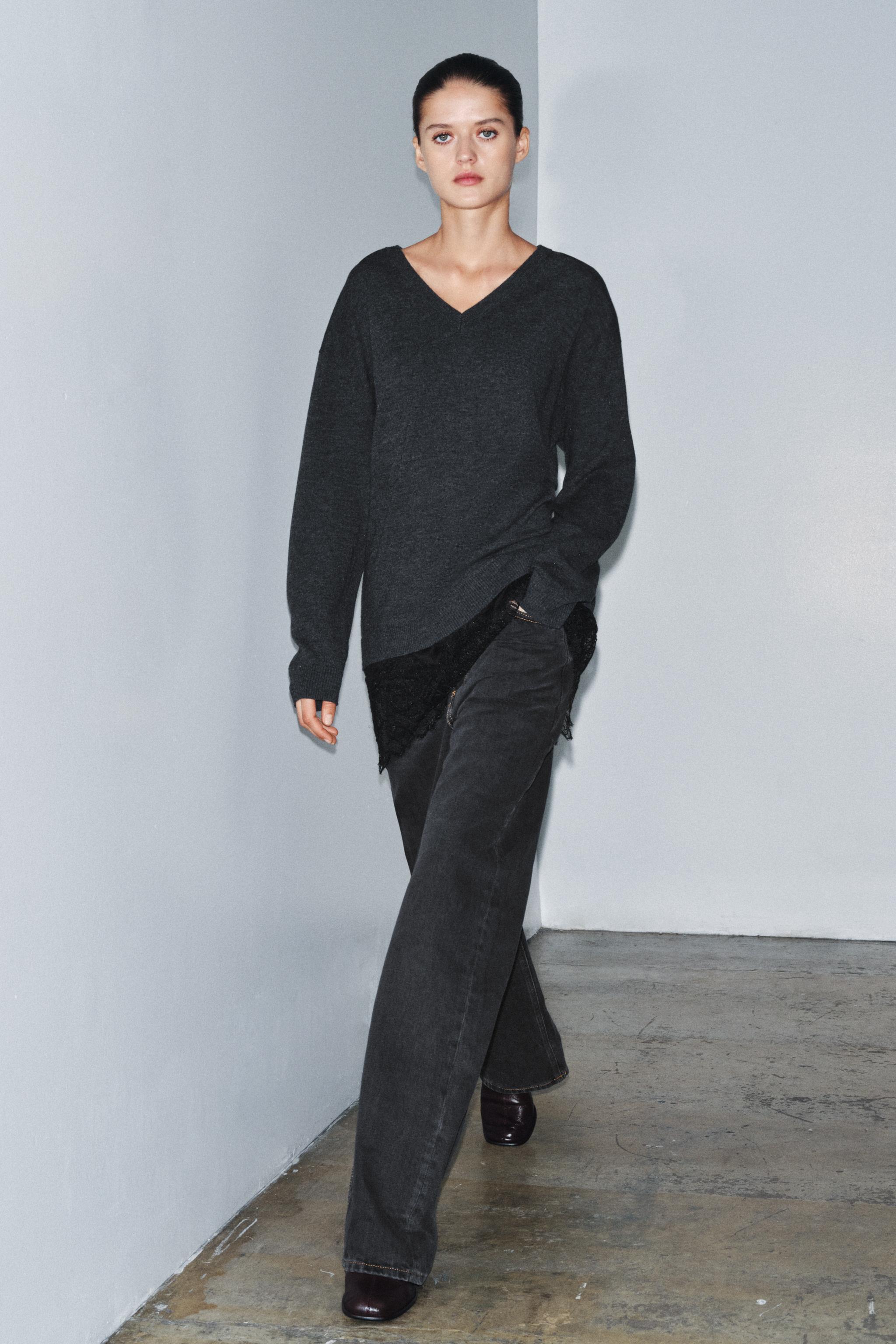 LONG COMBINATION LACE KNIT JUMPER - Gray | ZARA United States