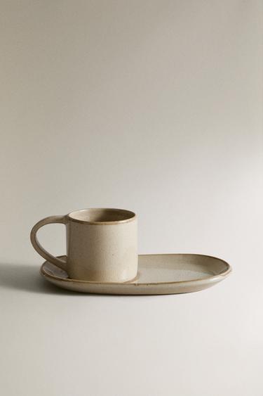 STONEWARE MUG AND TRAY SET - Grey / Beige by Zara