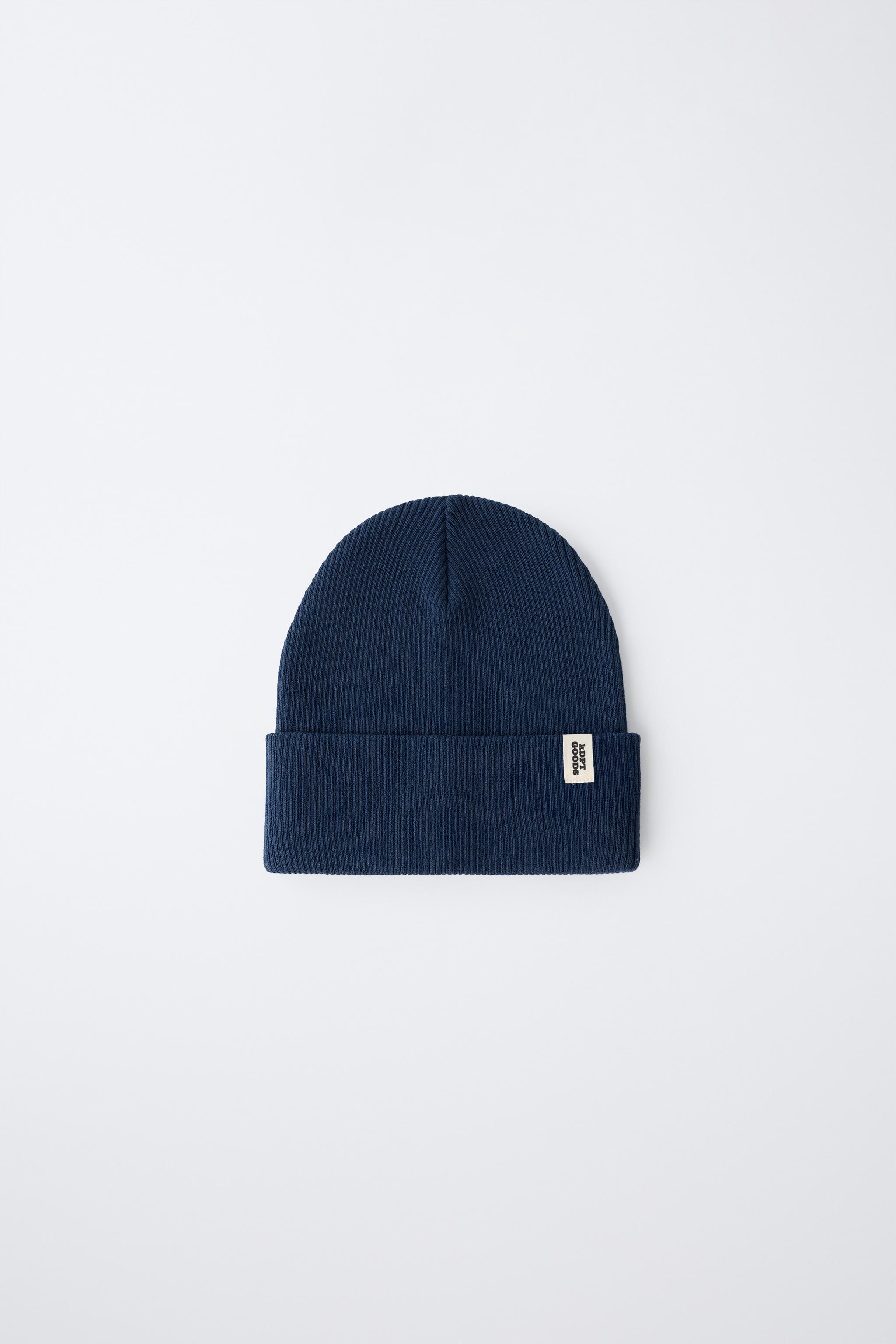 RIBBED KNIT LABEL HAT — Navy blue