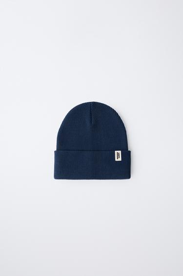 RIBBED KNIT BEANIE WITH LABEL - Navy blue by Zara