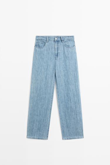 Jean barrel fit taille haute 100 % lin - Bleu clair de Zara