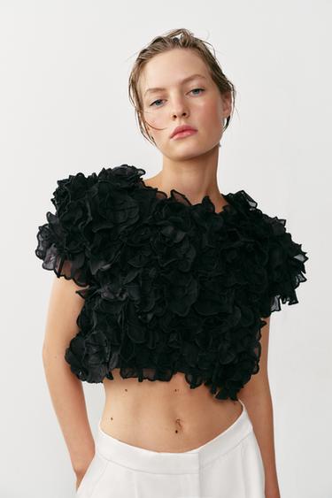 Zara TEXTURED KNIT TOP - Black