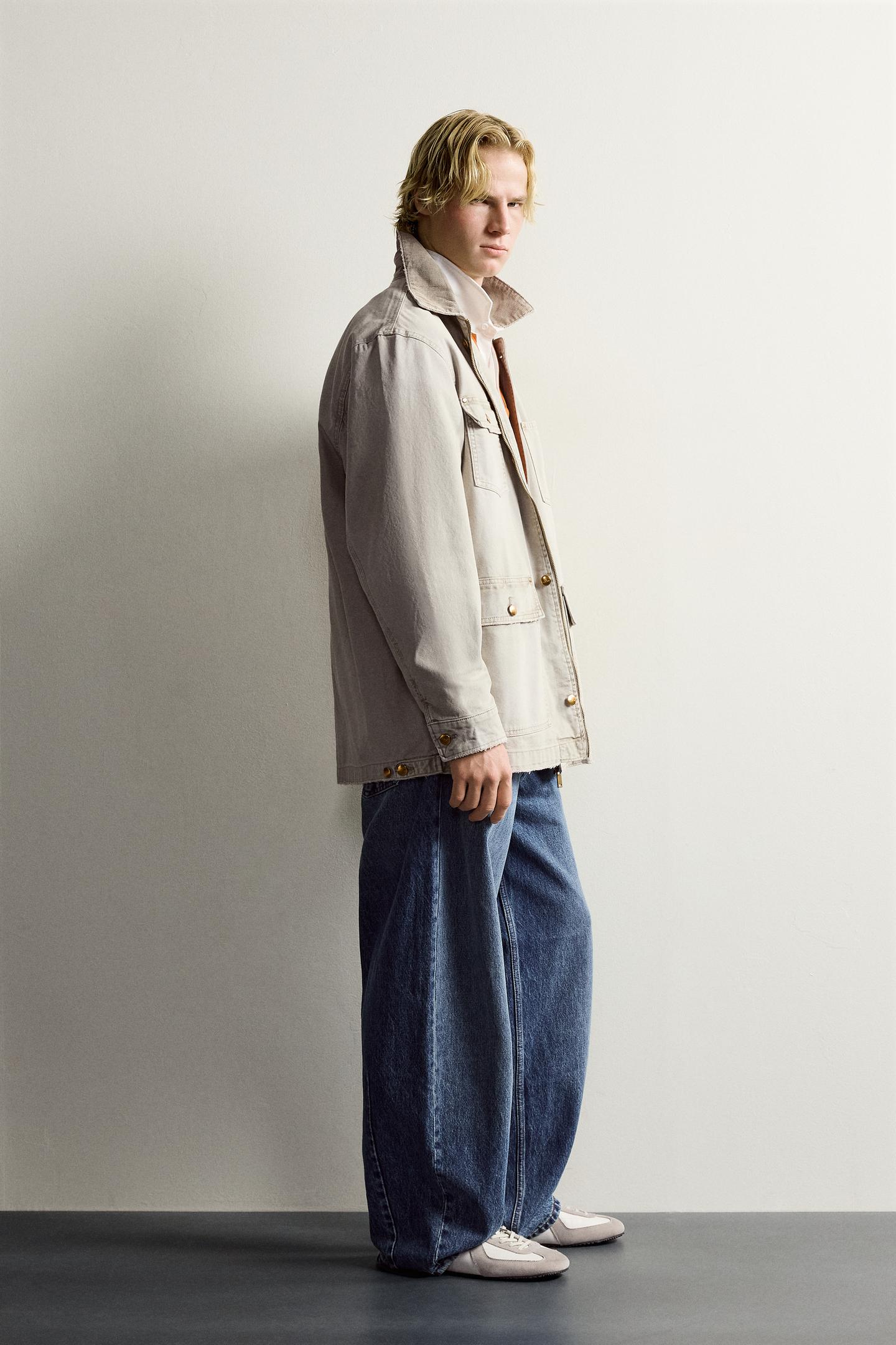Мужская куртка Zara Relaxed Fit Jacket with Contrast Collar, цвет: Серо-бежевый — фото 4