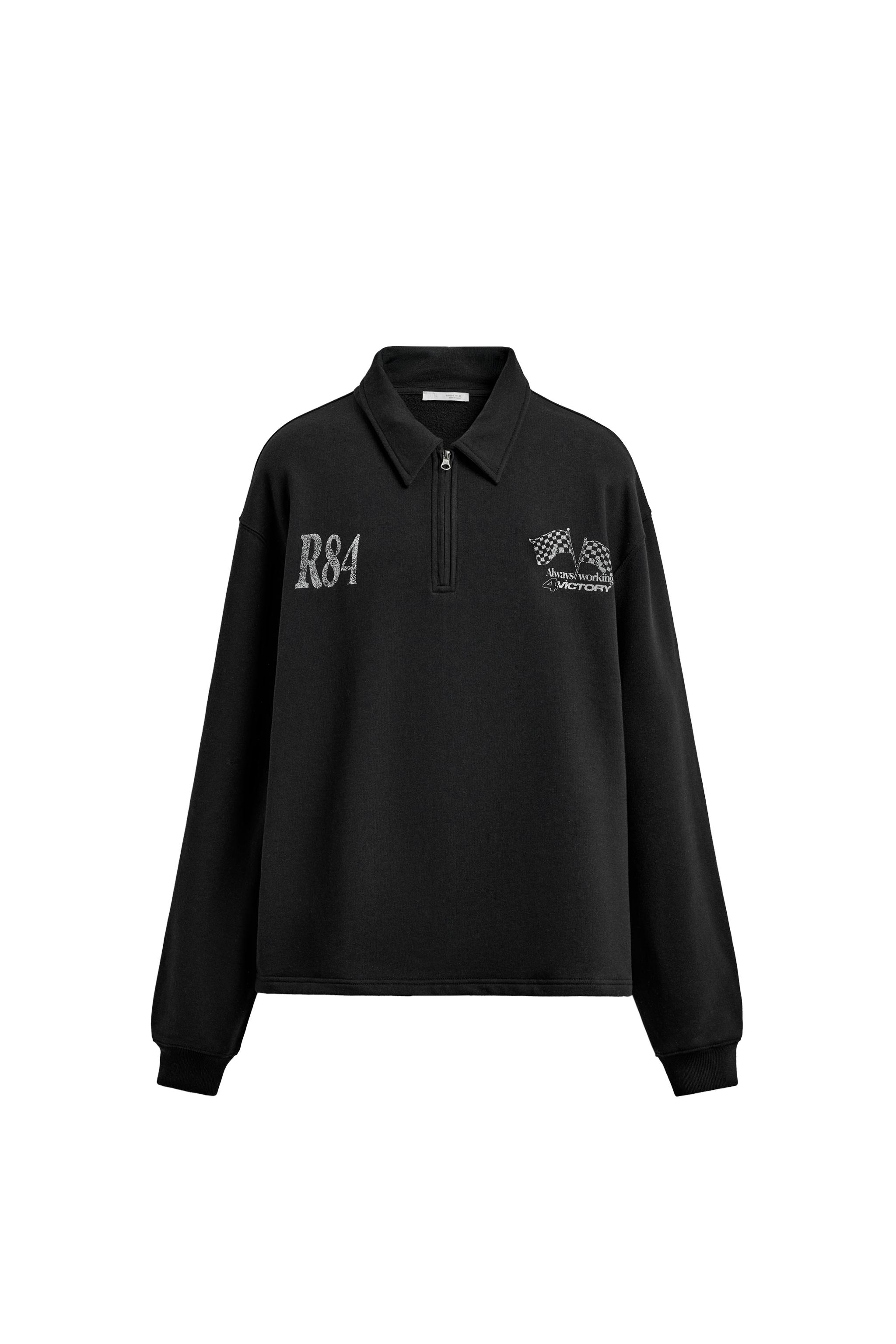 TEXT PRINT QUARTER-ZIP SWEATSHIRT - Black | ZARA United States