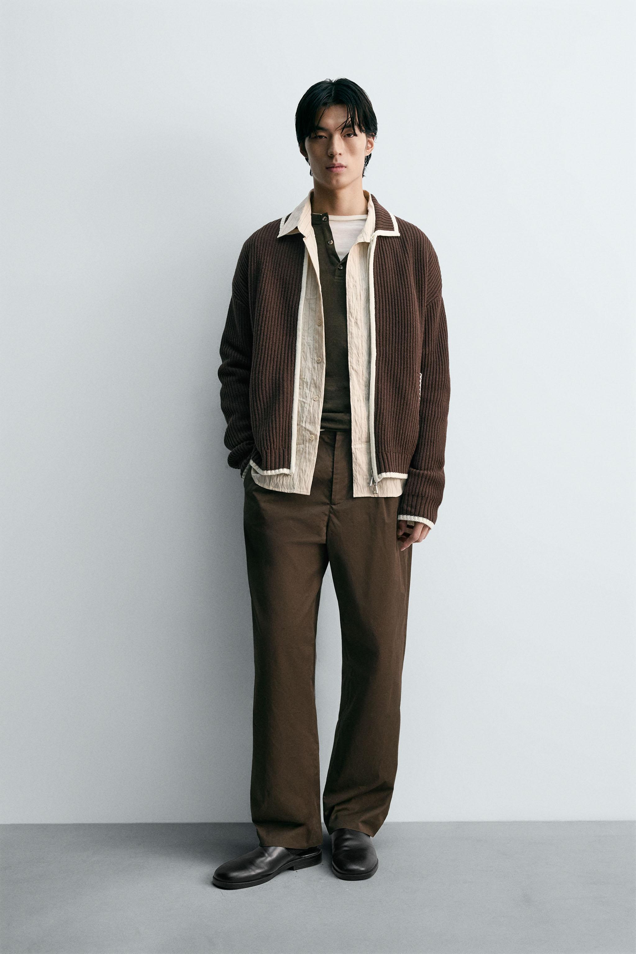 ZARA メンズ　コントラストカーディガン L 新品未使用】ZARA コントラスト シェニール カーディガン M