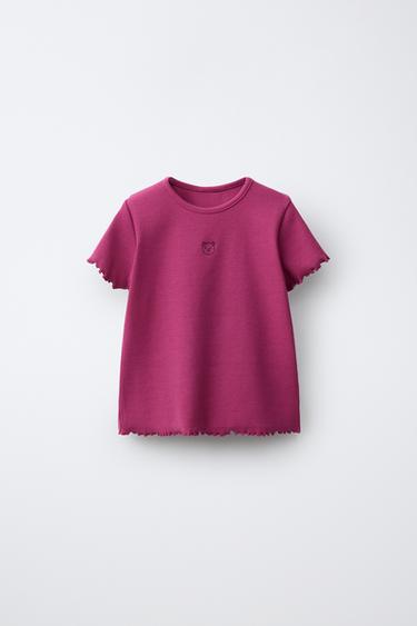 Zara EMBROIDERED BEAR RIBBED T-SHIRT - Fuchsia