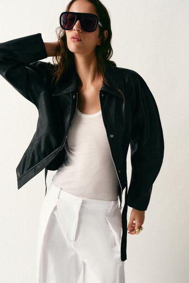 Zara FAUX LEATHER BELTED JACKET - Black / White