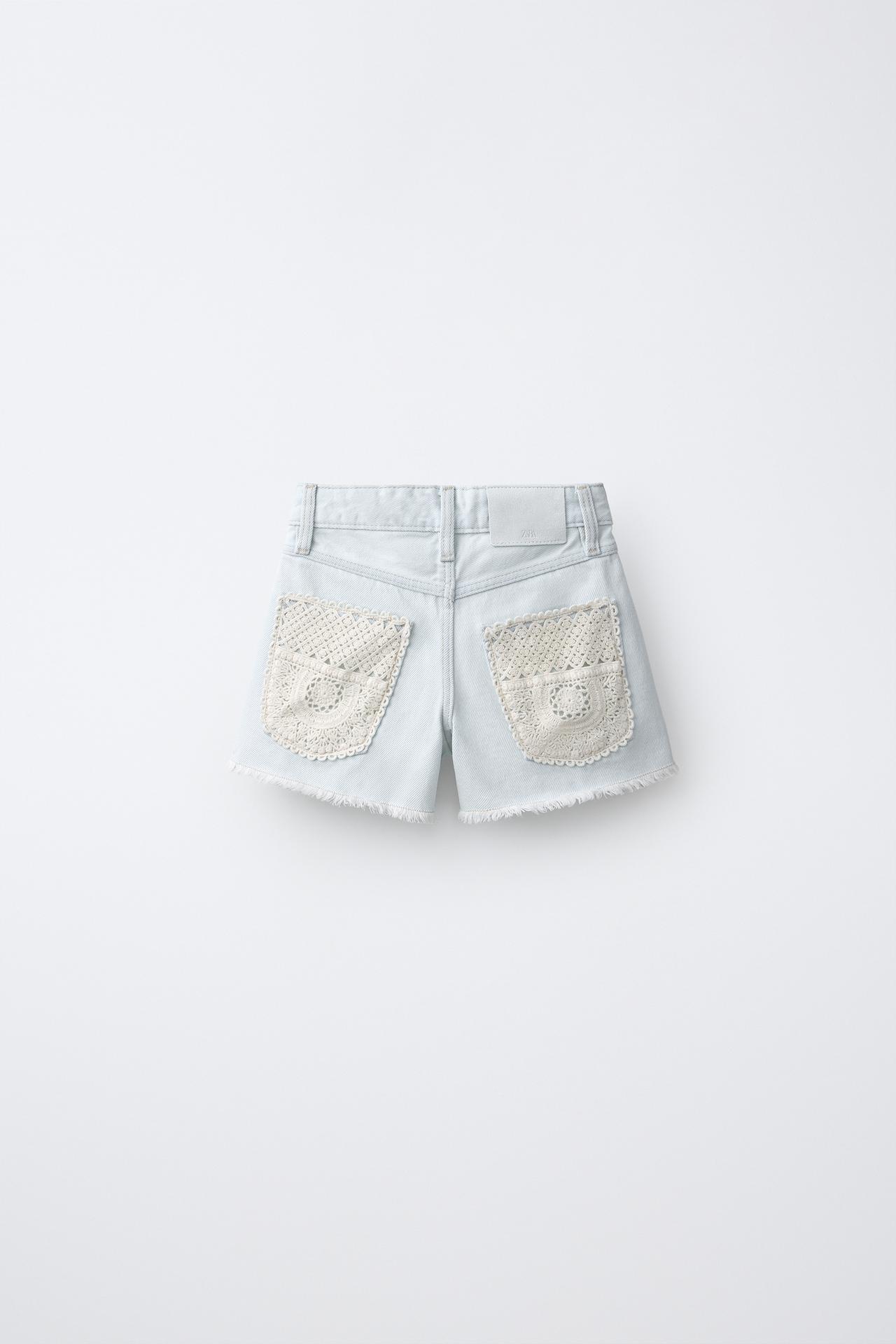 CROCHET DENIM BERMUDA SHORTS — Light blue