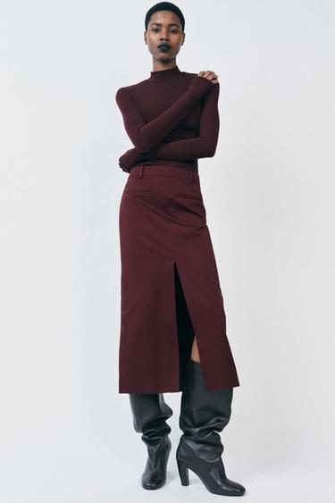 Zara ZW COLLECTION SLIT PENCIL SKIRT - Burgundy