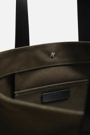 SAC SHOPPER EN TISSU ET CUIR - Vert kaki de Zara - Image 3