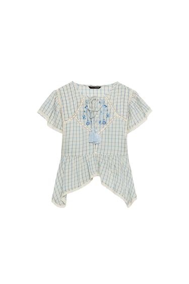EMBROIDERED PLAID LACE INSERT TOP