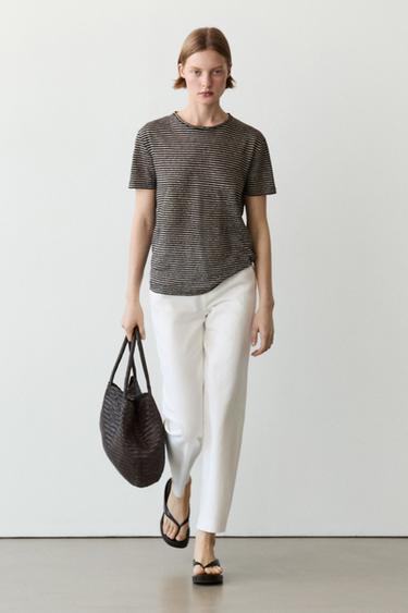 T-shirt rayé regular fit 100 % lin - Marron de Zara - Image 0
