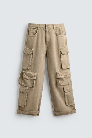 DENIM CARGO TROUSERS WITH POCKETS - camel by Zara