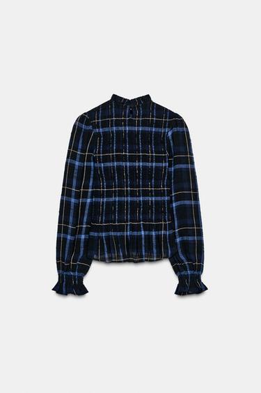 SMOCKED CHECK TOP - Blue / Navy by Zara