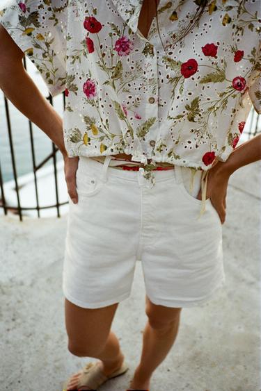 PRINTED SHIRT WITH CUTWORK EMBROIDERY - Ecru / Red by Zara