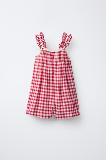 Zara SHORT WAVY PLAID JUMPSUIT - Pink / White