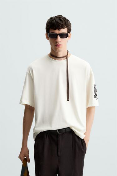 Zara CONTRAST EMBROIDERY SHIRT - Oyster-white