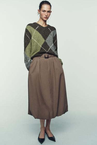 DIAMOND KNIT JUMPER - Brown / Green by Zara