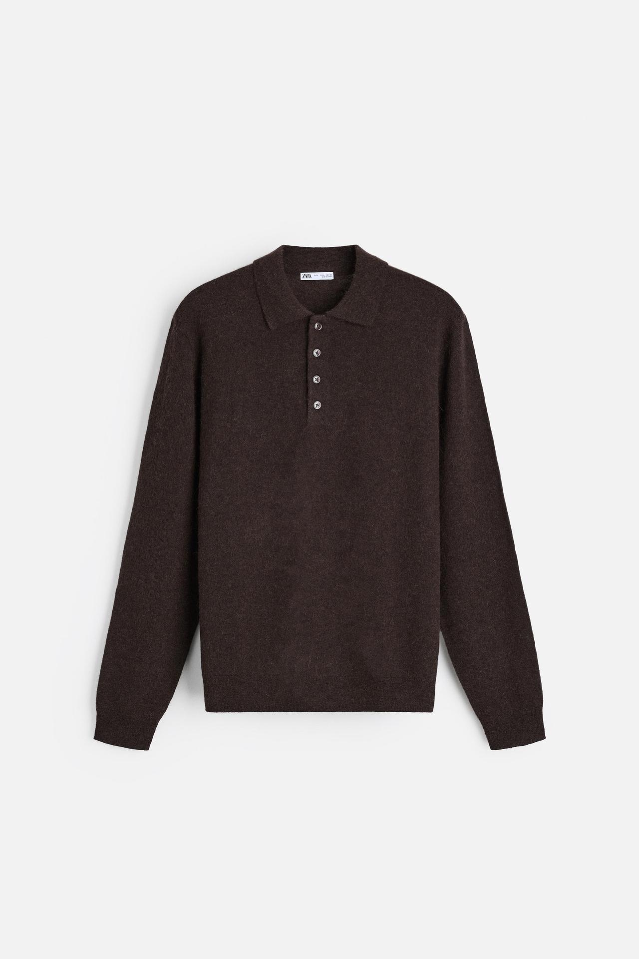 COTTON-WOOL KNIT POLO SHIRT - Brown marl by Zara