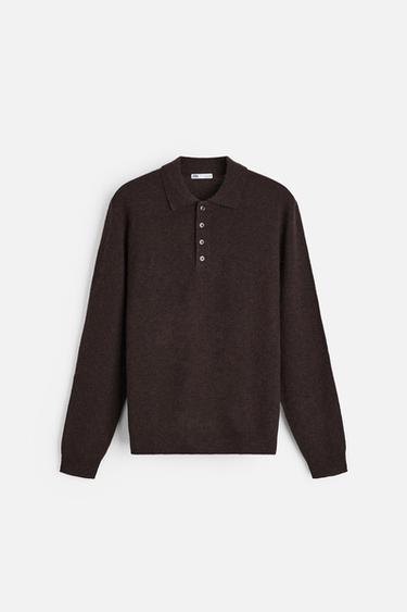 COTTON-WOOL KNIT POLO SHIRT - Brown marl by Zara