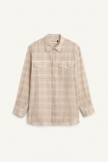 Zara LNG SLV CHCK SHRT - Beige