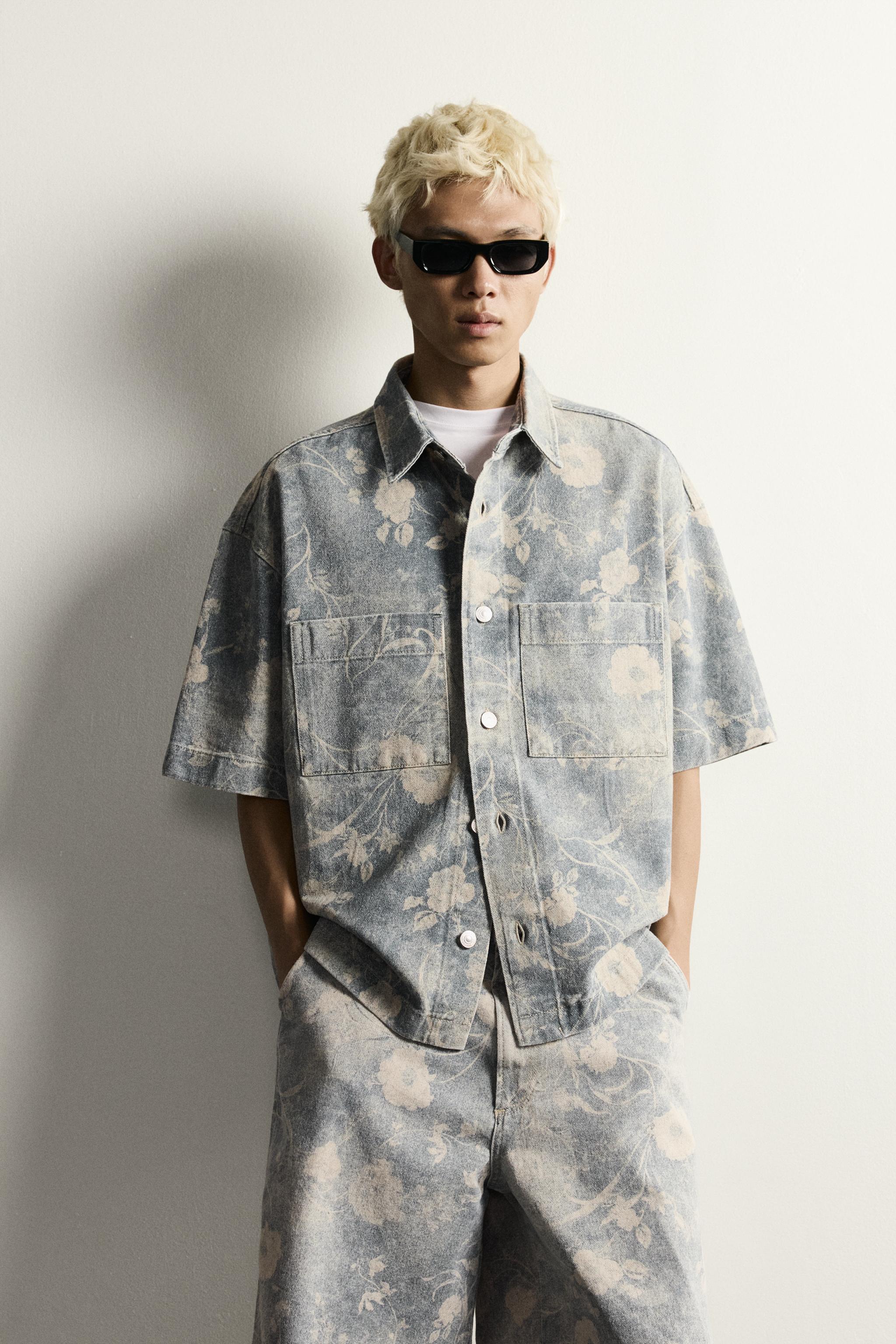 WASHED FLORAL PRINT RELAXED FIT SHIRT — Light blue