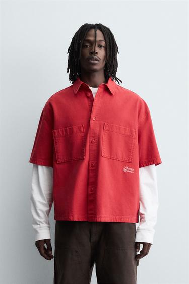 Zara CONTRAST EMBROIDERY SHIRT - Red