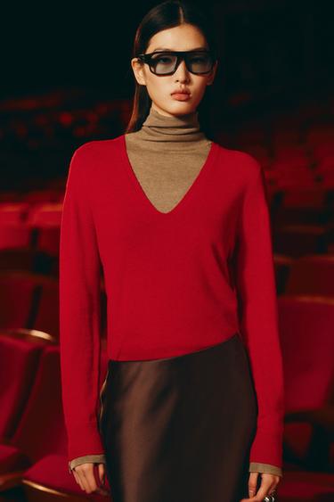 Zara 100% 超柔軟羊毛 V 領針織衫 - 紅色