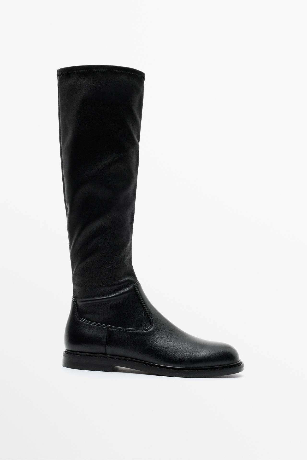 Elastic Shaft Leather Boot — Black