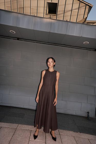 CONTRAST TOPSTITCHING MIDI DRESS - Brown by Zara