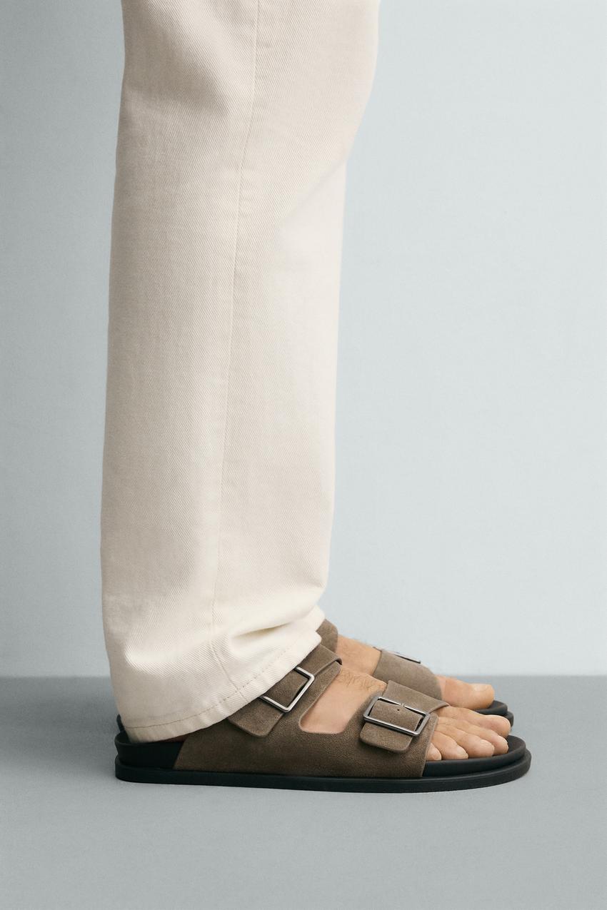 DOUBLE STRAP LEATHER SANDALS - Taupe Gray | ZARA United States display picture 1