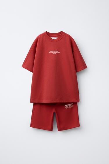 INTERLOCK T-SHIRT AND BERMUDA SHORTS SET WITH SLOGAN PRINT - Red by Zara