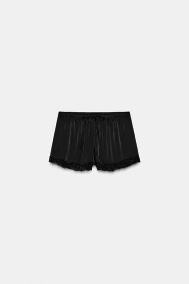 SATIN MINI SHORTS WITH LACE TRIM - Black by Zara