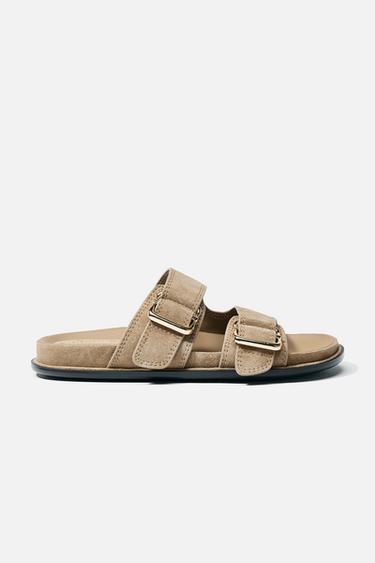 SPLIT SUEDE STRAPPY FLAT SANDALS - Sand Brown by Zara