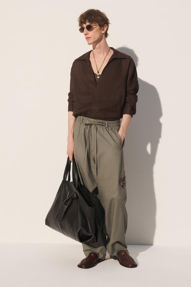 CONTRAST EMBROIDERED LINEN-COTTON TROUSERS - Green / Blue by Zara - Image 0