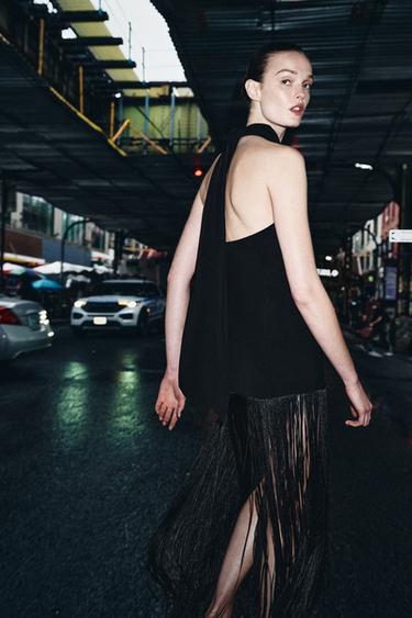 Zara ZW COLLECTION FRINGED HALTER DRESS - Black