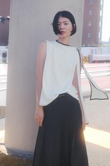 サテンリボン コントラストトリムトップスエクリュ/ブラウンZaraのサテンリボン コントラストトリムトップス - エクリュ/ブラウン