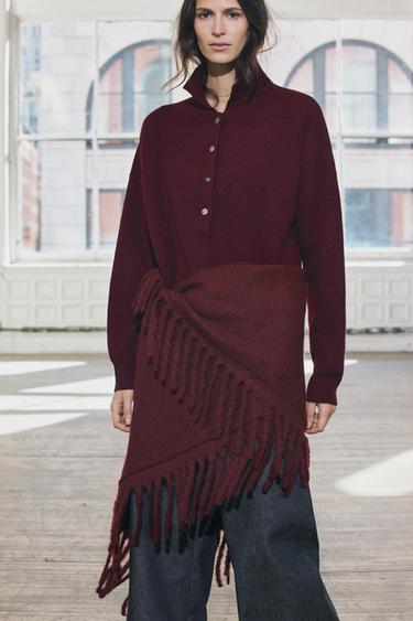 Zara WOOL BLEND FRINGED SHAWL - Maroon
