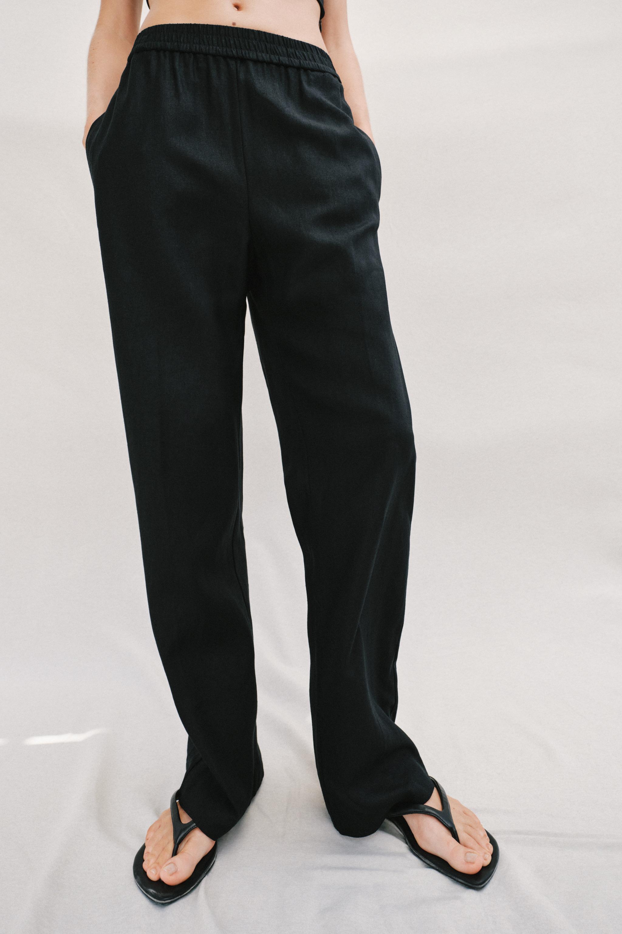 LINEN STRAIGHT LEG PANTS — Black