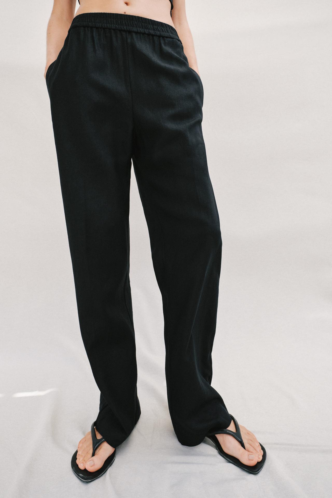 LINEN STRAIGHT LEG PANTS — Black